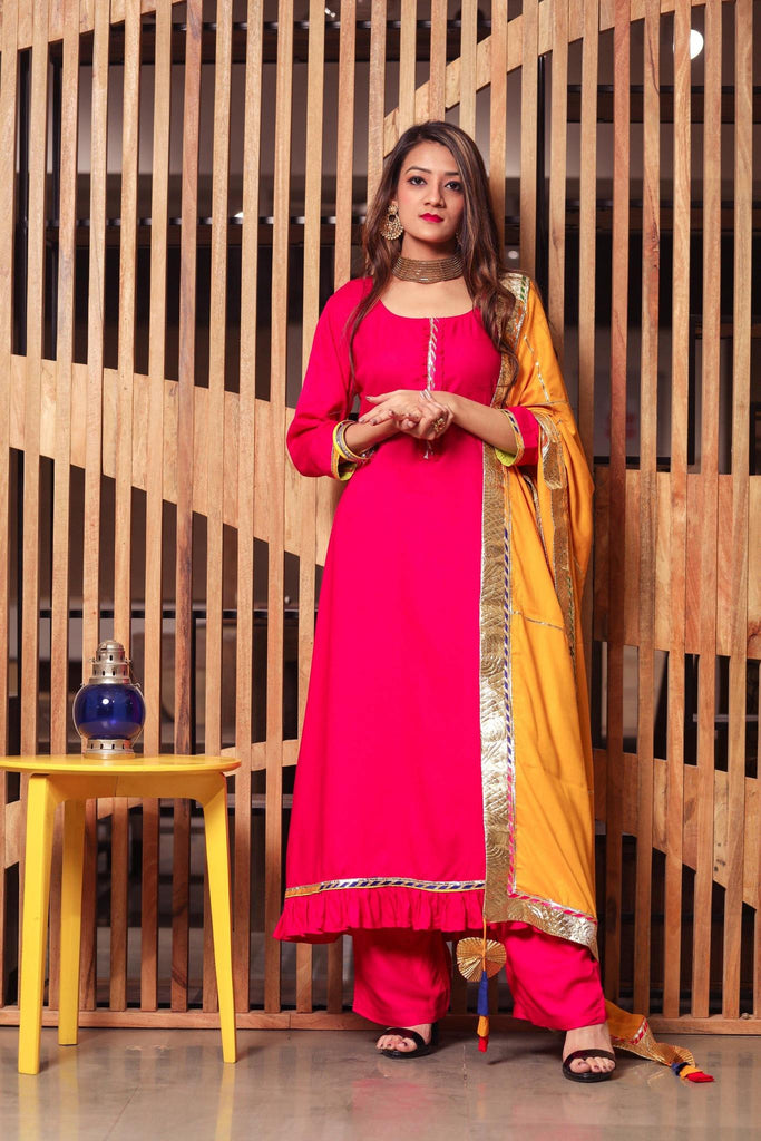 Pink Color Lace Work Rayon Kurti With Pant And Dupatta For Ceremonial
