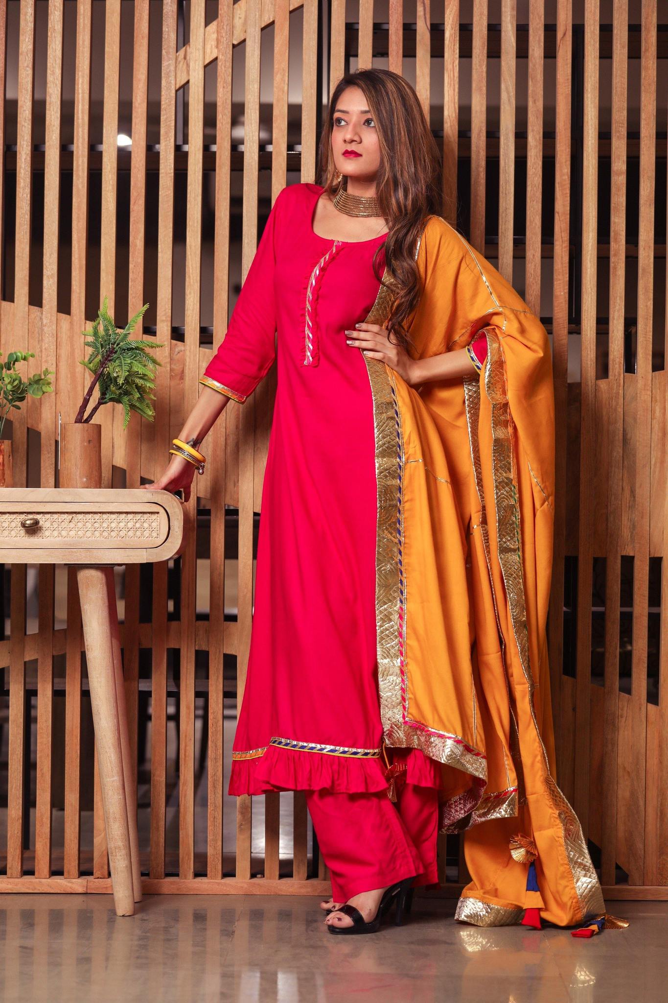 Pink Color Lace Work Rayon Kurti With Pant And Dupatta For Ceremonial