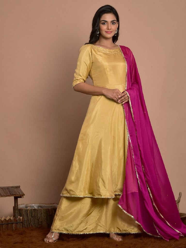 Mustard Color Solid Art Silk Kurti With Skirt And Dupatta For Ceremonial