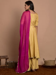 Mustard Color Solid Art Silk Kurti With Skirt And Dupatta For Ceremonial