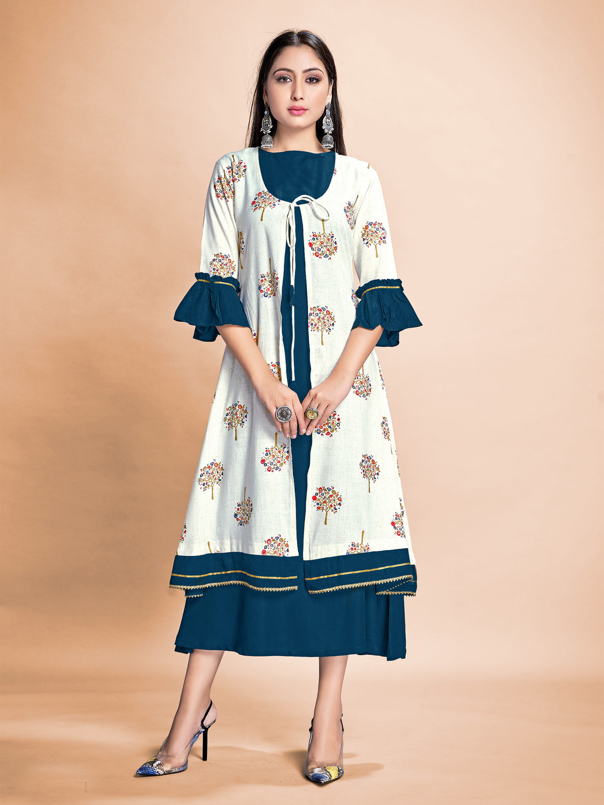 Off White Color Printed Rayon Long Gown For Ceremonial