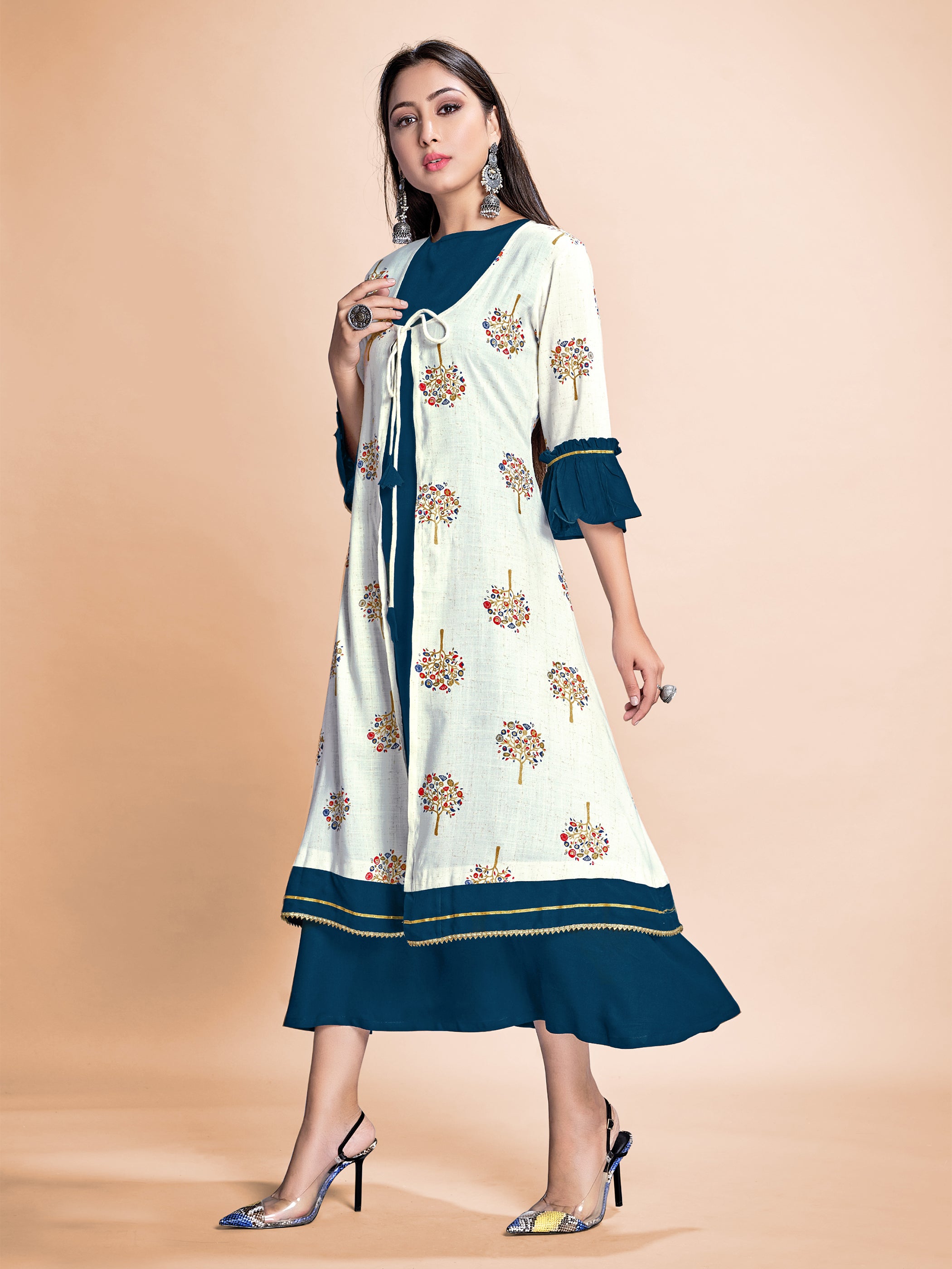 Off White Color Printed Rayon Long Gown For Ceremonial