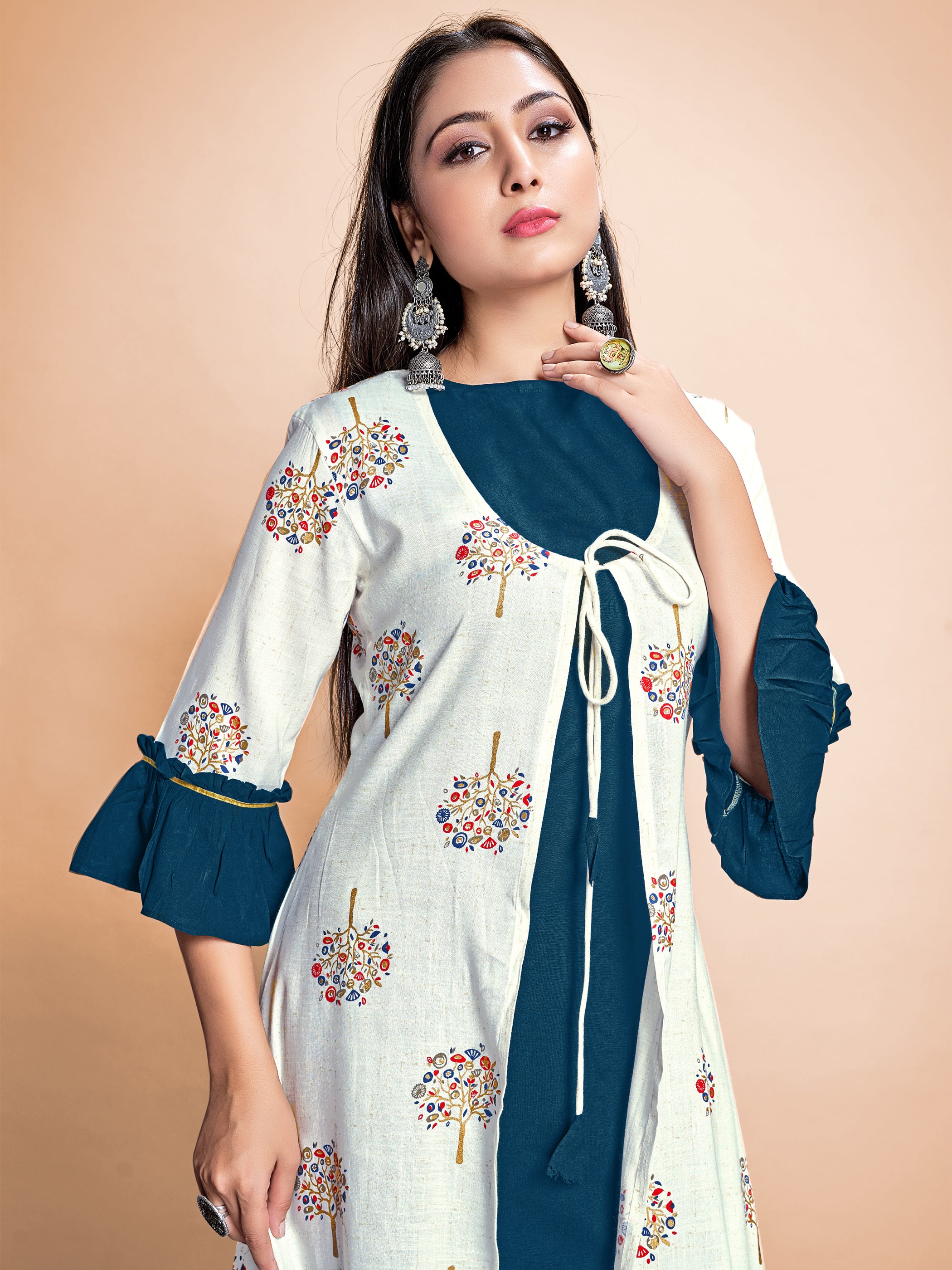 Off White Color Printed Rayon Long Gown For Ceremonial