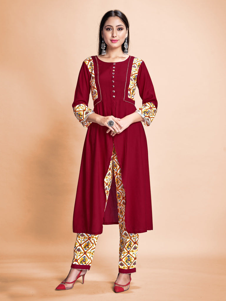 Red Color Printed Rayon Kurti With Pant For Women