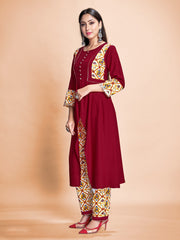 Red Color Printed Rayon Kurti With Pant For Women