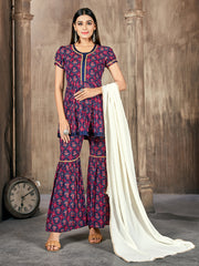 Multi Color Printed Rayon Kurti With Plazzo And Dupatta For Ceremonial