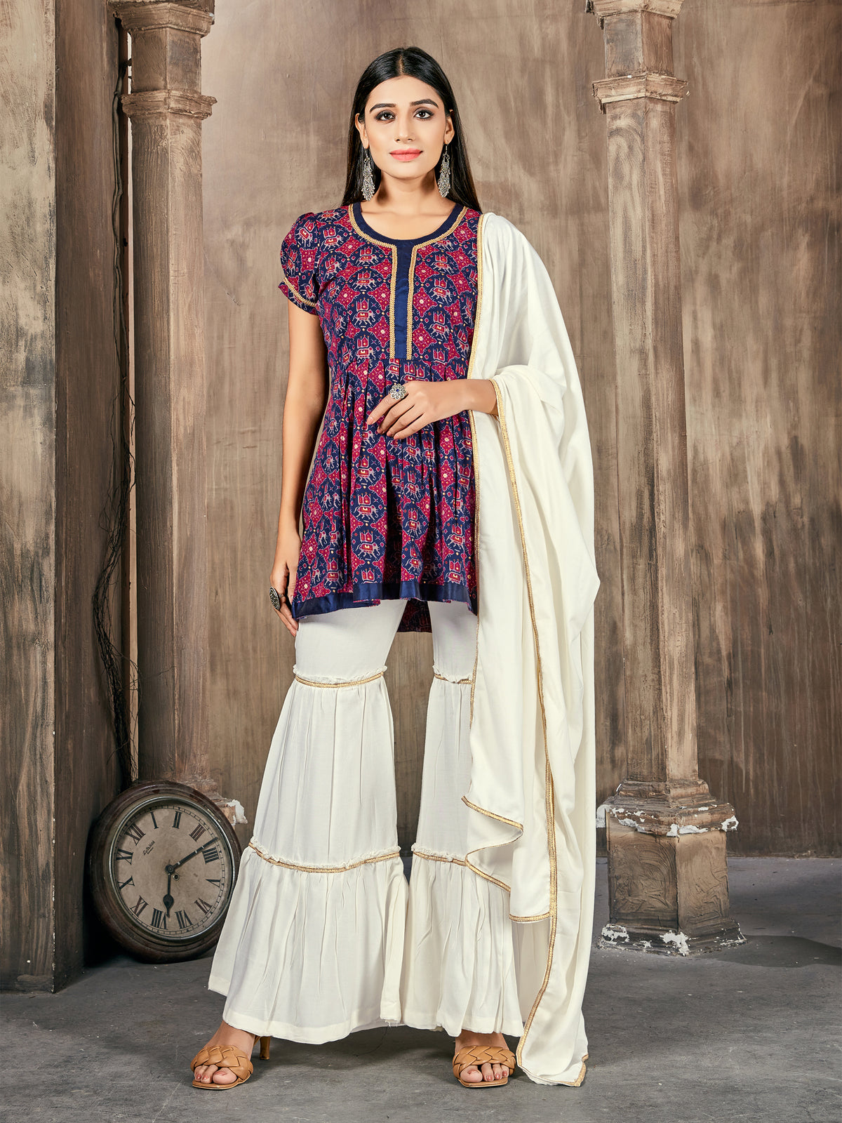 Multi Color Printed Rayon Kurti With Plazzo And Dupatta For Ceremonial