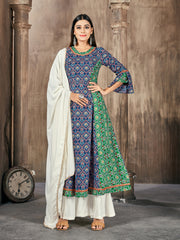 Blue Color Printed Rayon Kurti With Plazzo And Dupatta For Engagement