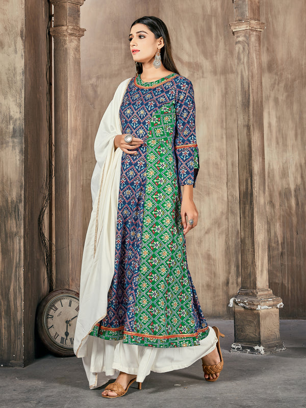 Blue Color Printed Rayon Kurti With Plazzo And Dupatta For Engagement