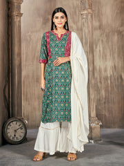 Green Color Printed Rayon Kurti With Plazzo And Dupatta For Festival