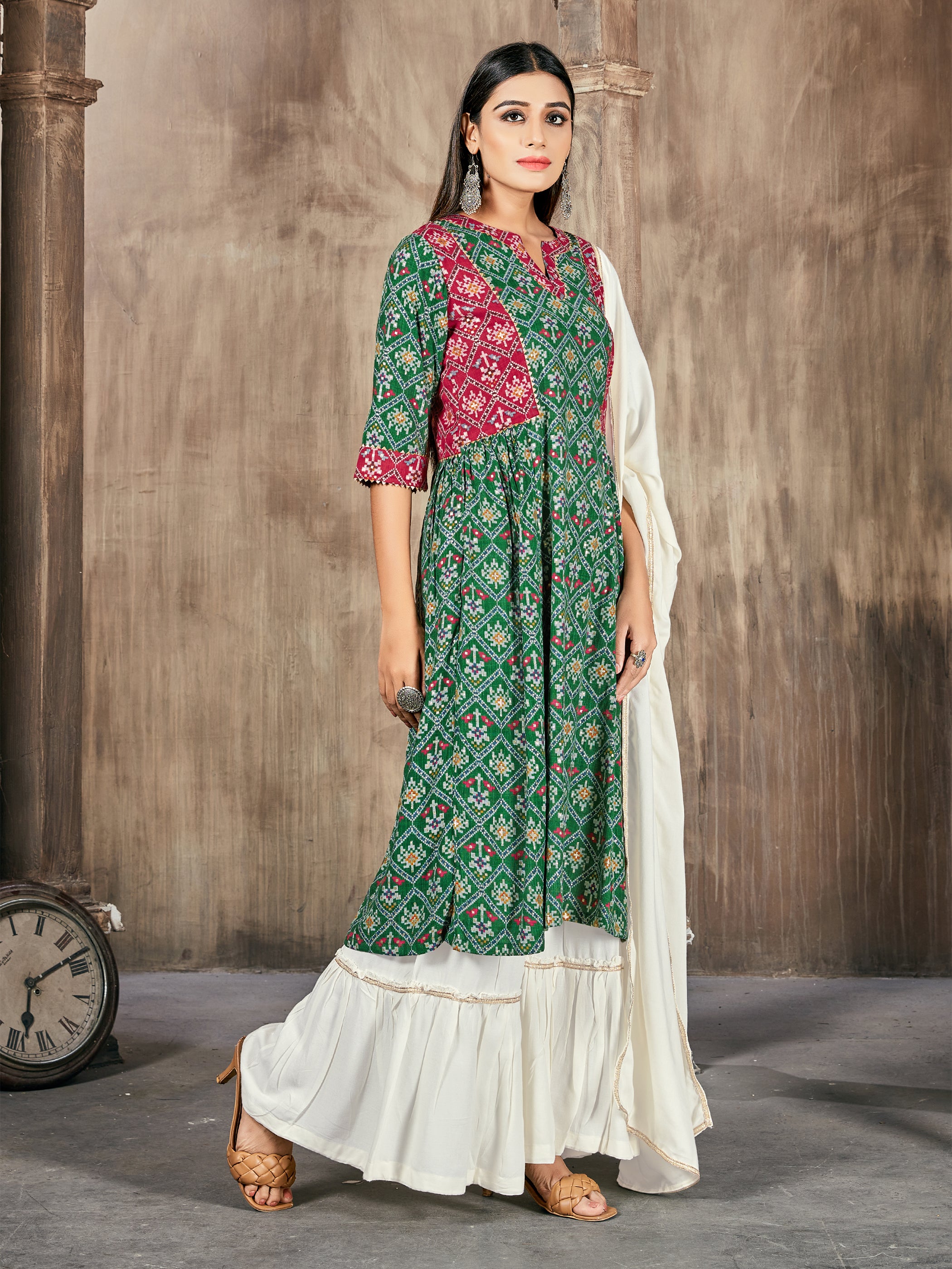 Green Color Printed Rayon Kurti With Plazzo And Dupatta For Festival