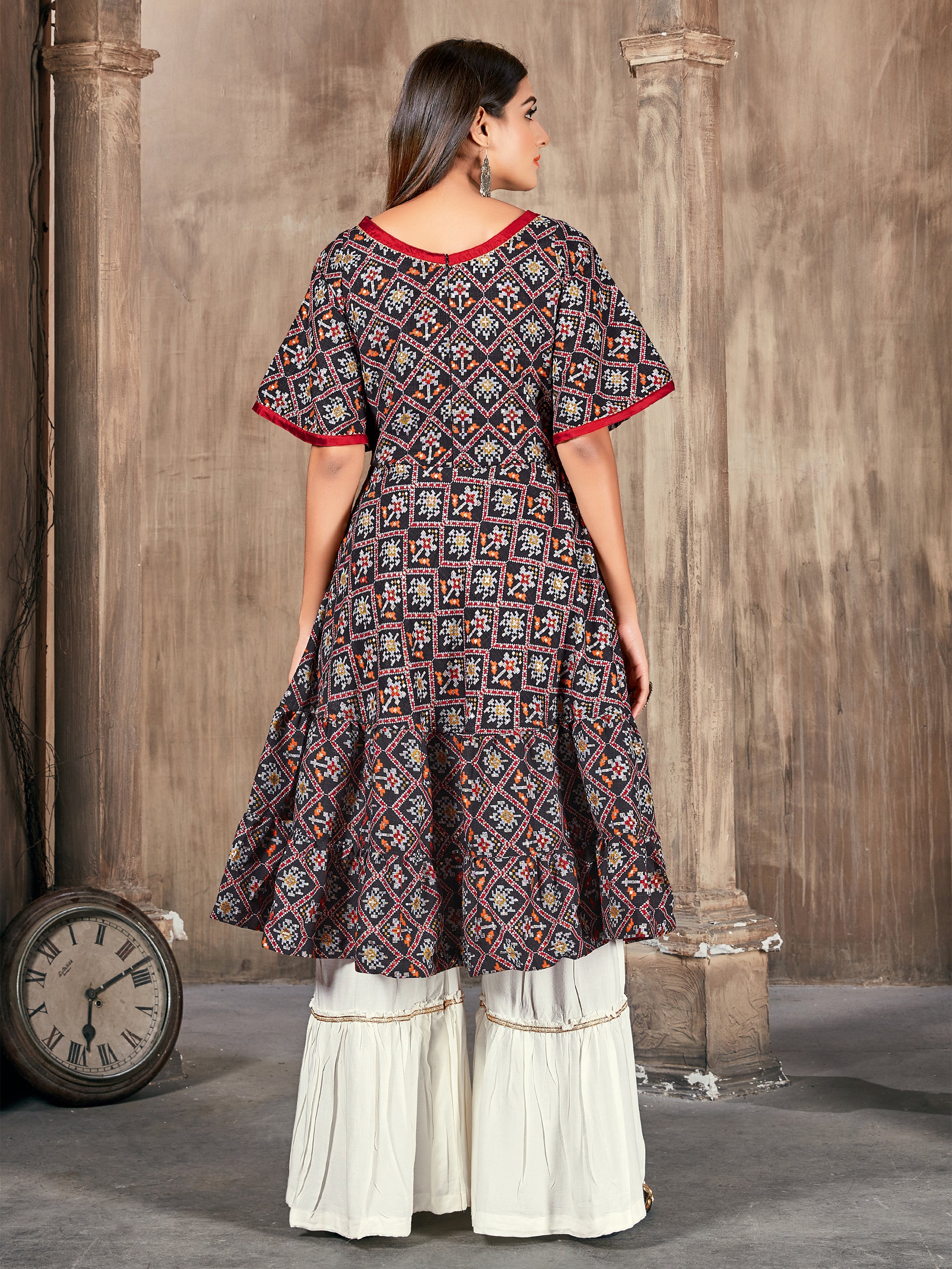 Black Color Printed Rayon Kurti With Plazzo And Dupatta For Festival