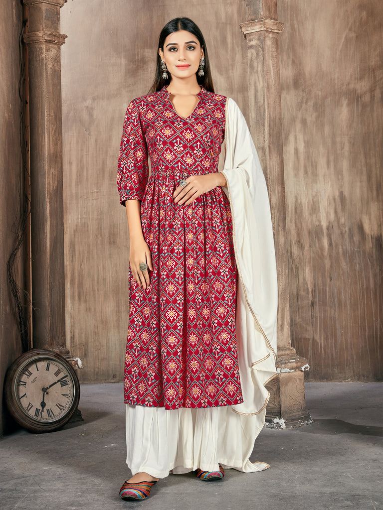 Red Color Printed Rayon Kurti With Plazzo And Dupatta For Festival