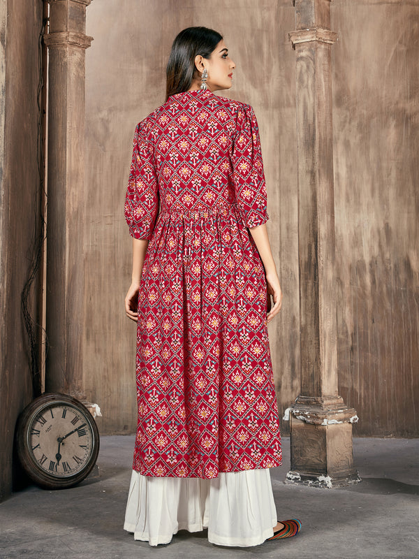 Red Color Printed Rayon Kurti With Plazzo And Dupatta For Festival