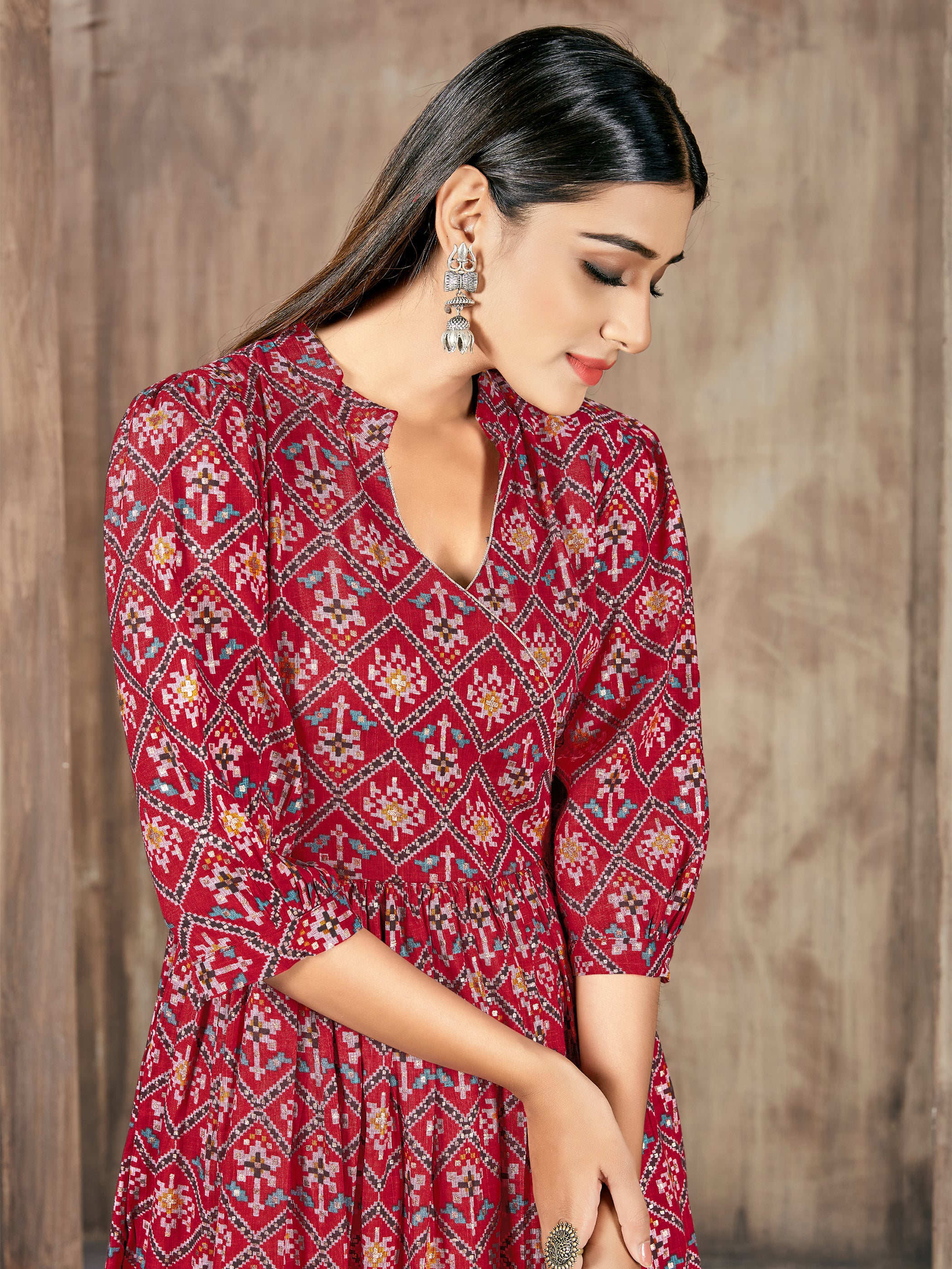 Red Color Printed Rayon Kurti With Plazzo And Dupatta For Festival