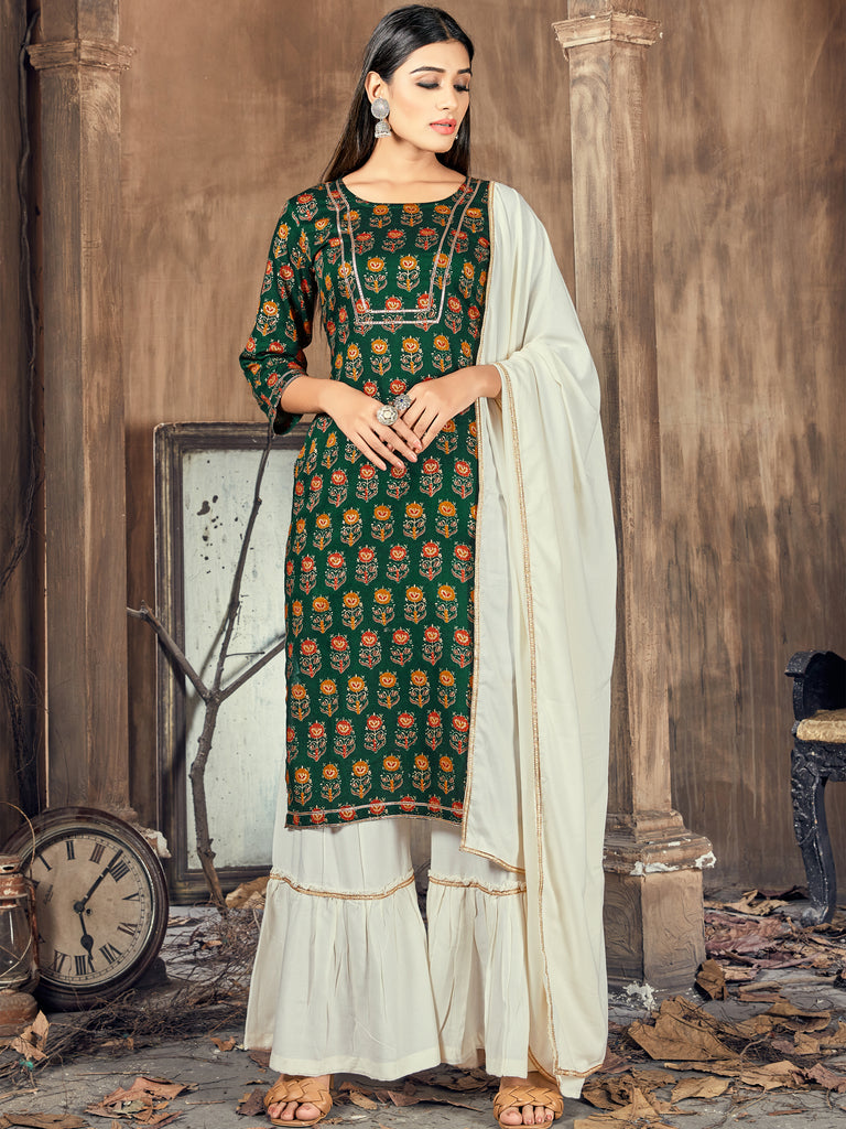 Green Color Printed Rayon Kurti With Plazzo And Dupatta For Festival