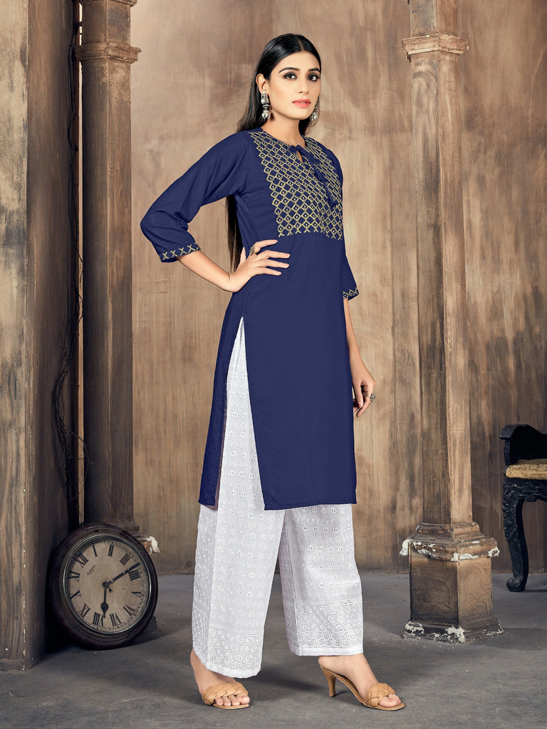 Multi Color Embroidered Rayon Kurti With Pant For Women
