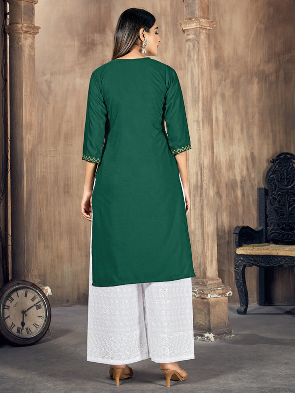 Green Color Embroidered Rayon Kurti With Pant For Women