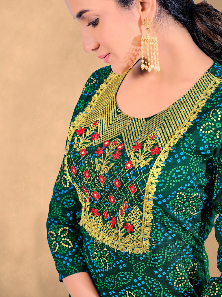 Green Color Embroidered Rayon Kurti With Palazzo For Women