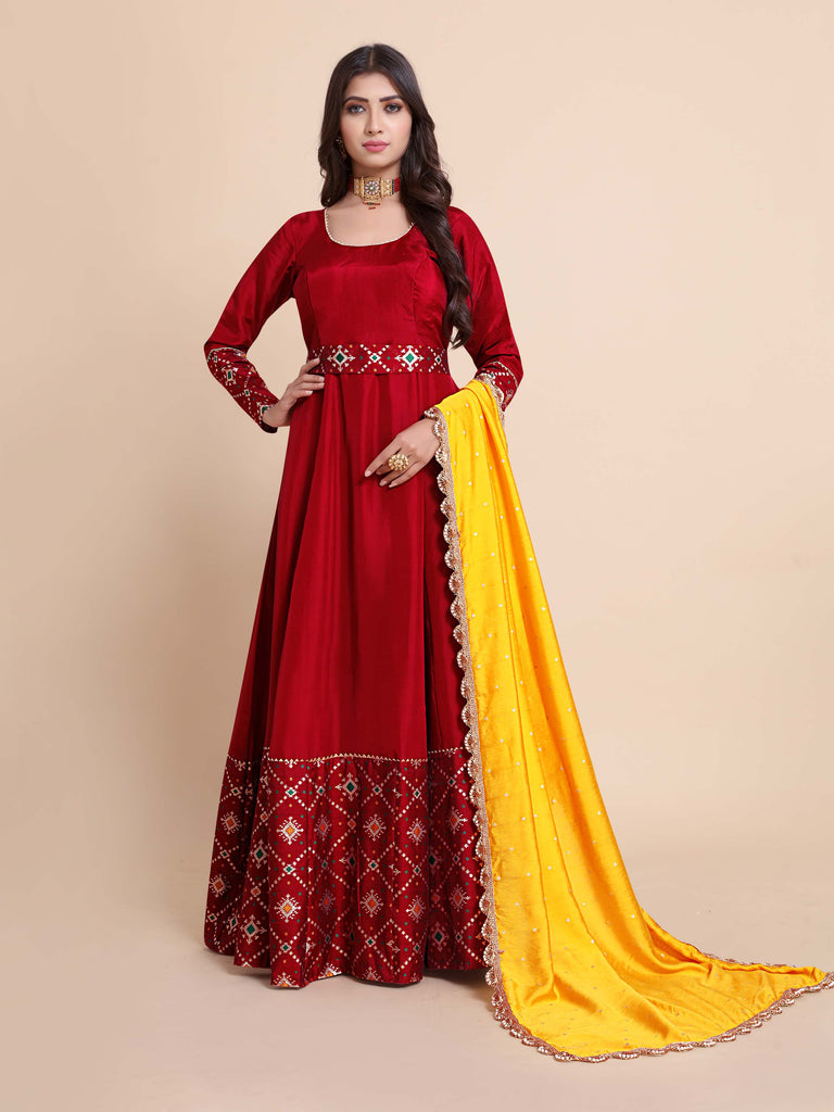 Red Color Woven Art Silk Kurta With Dupatta For Wedding