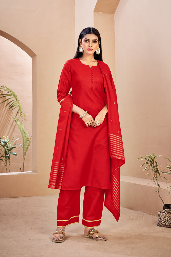 Red Color Solid Rayon Kurti With Pant And Dupatta For Sangeet