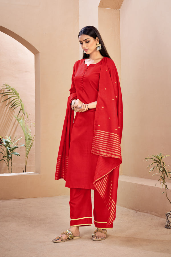 Red Color Solid Rayon Kurti With Pant And Dupatta For Sangeet