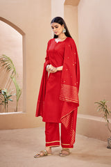 Red Color Solid Rayon Kurti With Pant And Dupatta For Sangeet