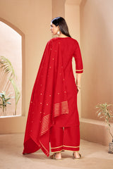 Red Color Solid Rayon Kurti With Pant And Dupatta For Sangeet