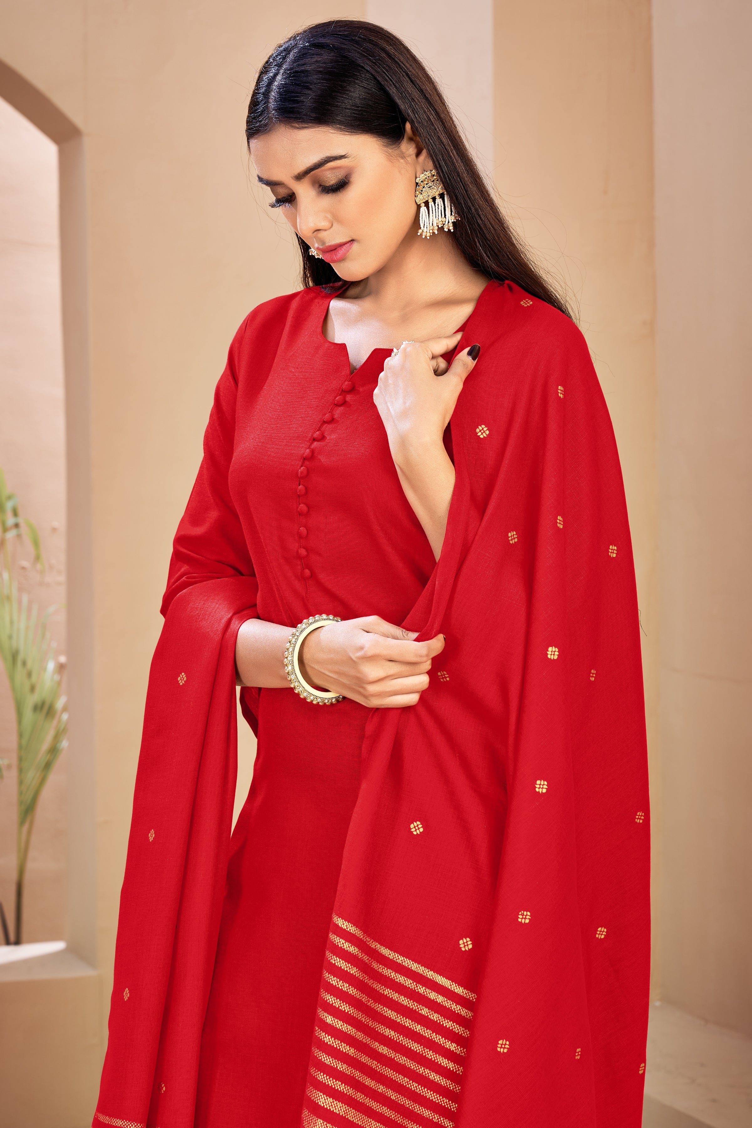 Red Color Solid Rayon Kurti With Pant And Dupatta For Sangeet