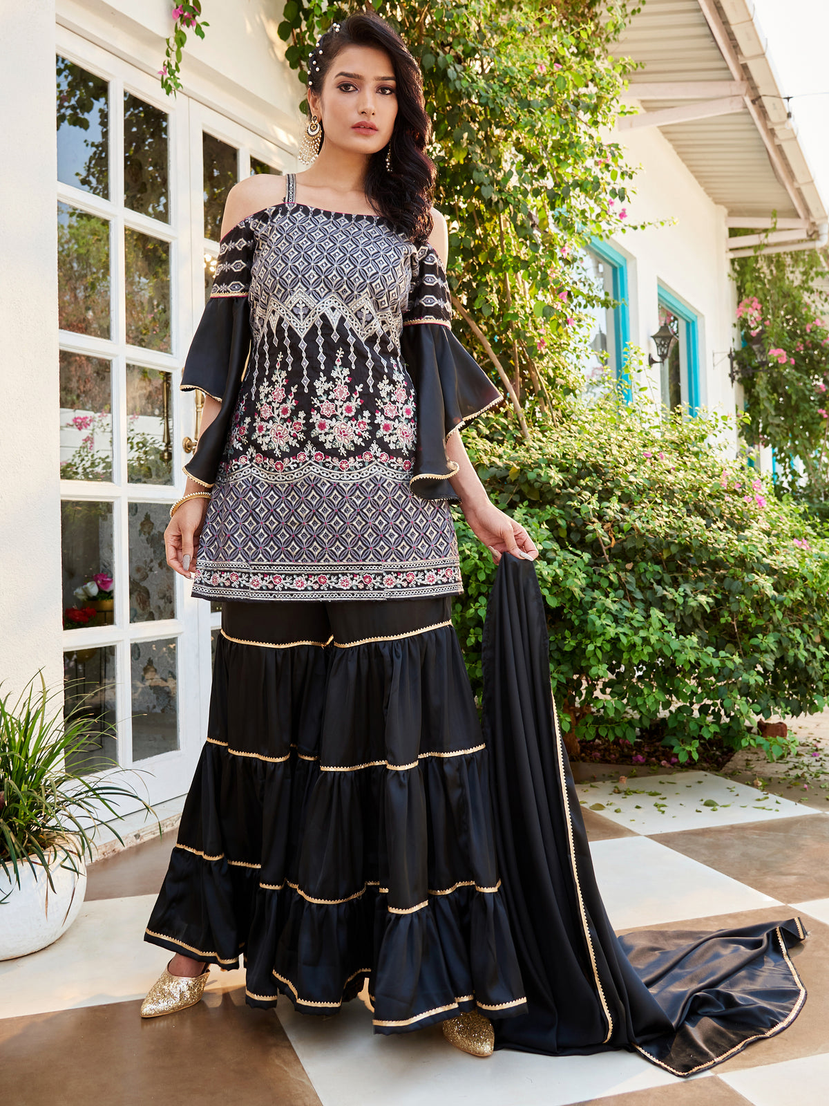 Black Color Embroidered Cotton Kurti With Sharara And Dupatta For Occasion