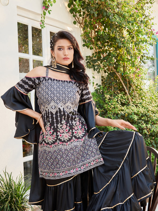 Black Color Embroidered Cotton Kurti With Sharara And Dupatta For Occasion