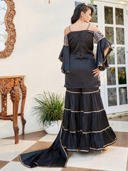 Black Color Embroidered Cotton Kurti With Sharara And Dupatta For Occasion