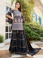 Black Color Embroidered Cotton Kurti With Sharara And Dupatta For Occasion