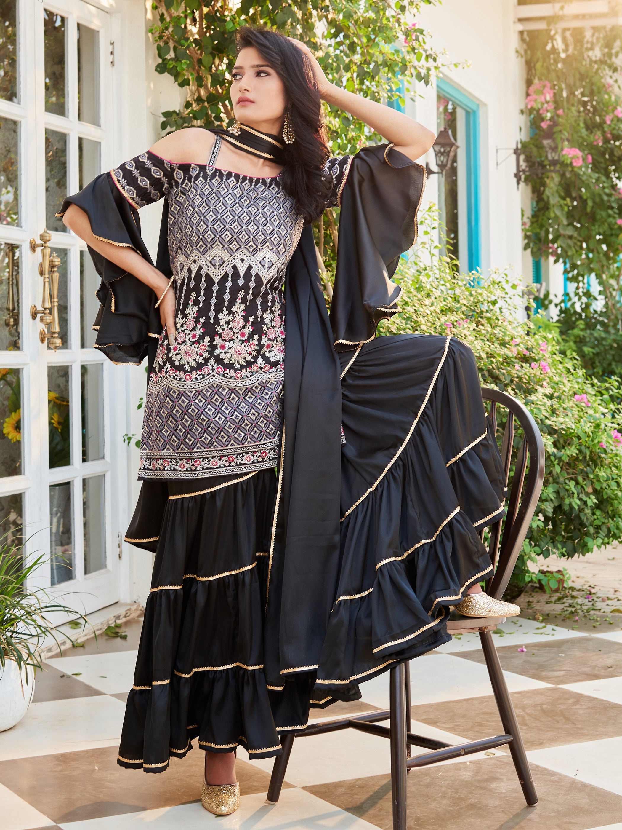 Black Color Embroidered Cotton Kurti With Sharara And Dupatta For Occasion