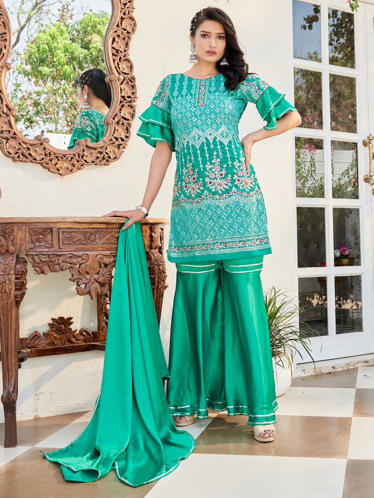 Teal Color Embroidered Cotton Kurti With Sharara And Dupatta For Occasion