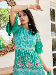 Teal Color Embroidered Cotton Kurti With Sharara And Dupatta For Occasion