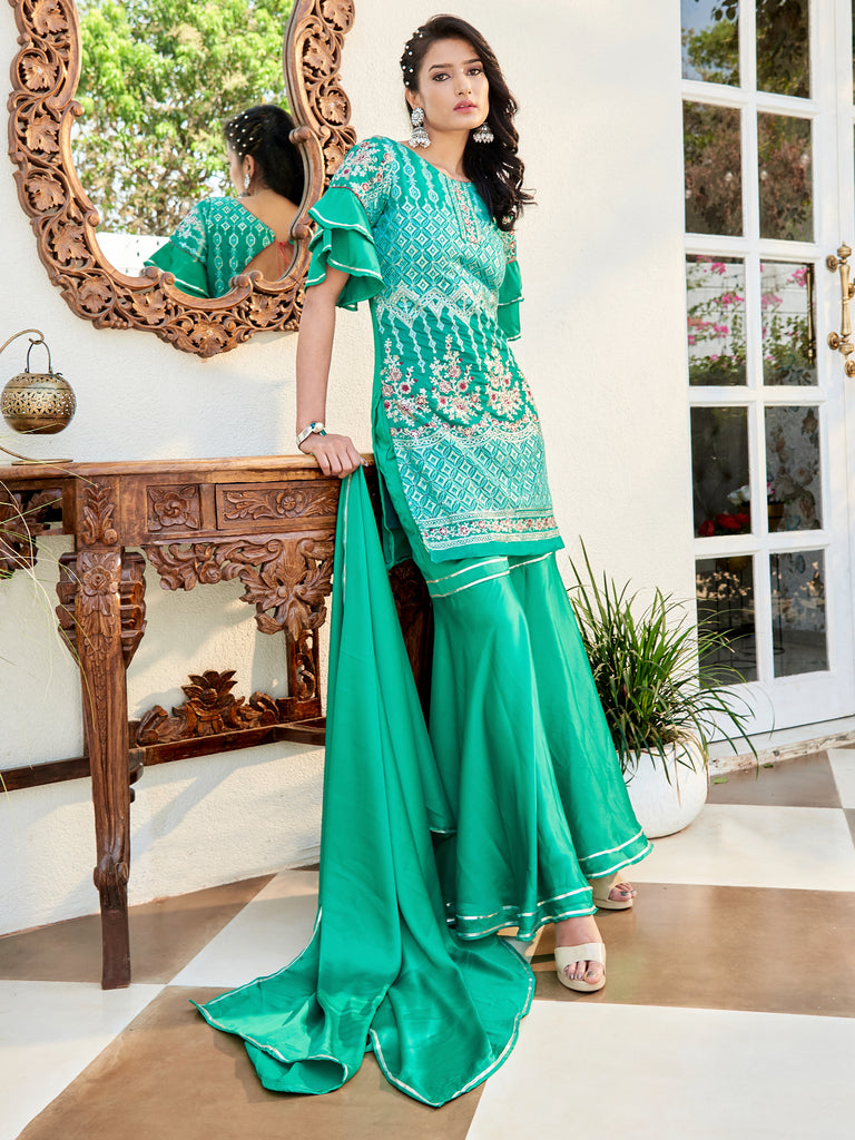 Teal Color Embroidered Cotton Kurti With Sharara And Dupatta For Occas –