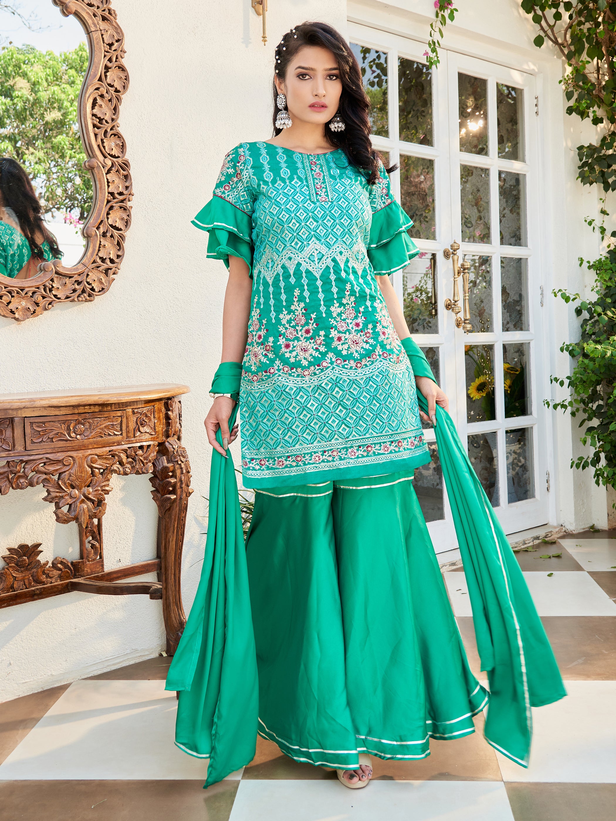 Teal Color Embroidered Cotton Kurti With Sharara And Dupatta For Occasion