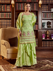 Olive Green Color Embroidered Cotton Kurti With Sharara And Dupatta For Occasion