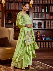 Olive Green Color Embroidered Cotton Kurti With Sharara And Dupatta For Occasion