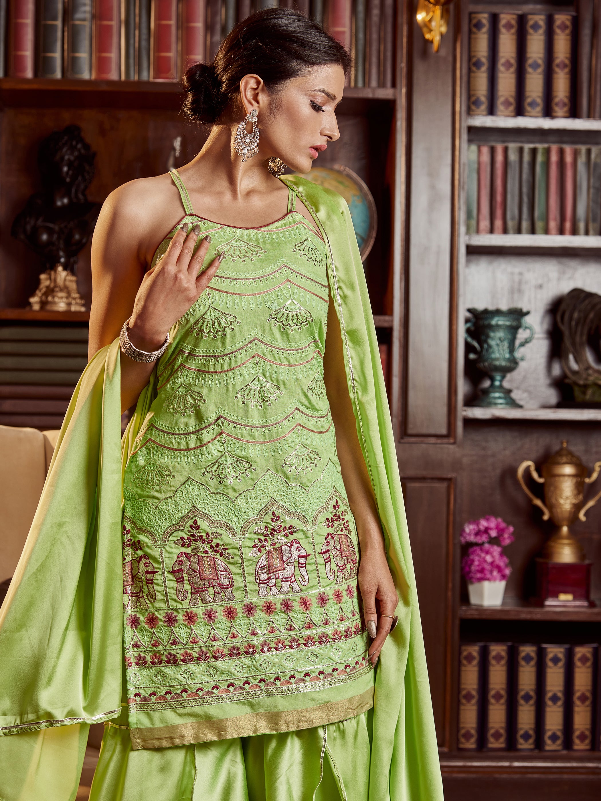 Olive Green Color Embroidered Cotton Kurti With Sharara And Dupatta For Occasion