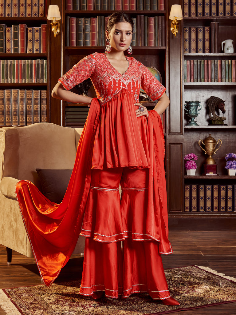 Red Color Embroidered Cotton Kurti With Sharara And Dupatta For Occasion