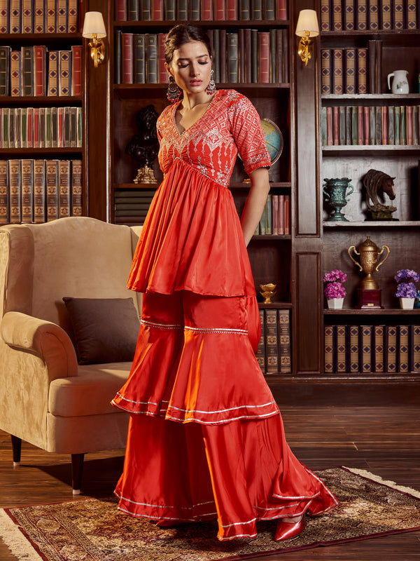 Red Color Embroidered Cotton Kurti With Sharara And Dupatta For Occasion