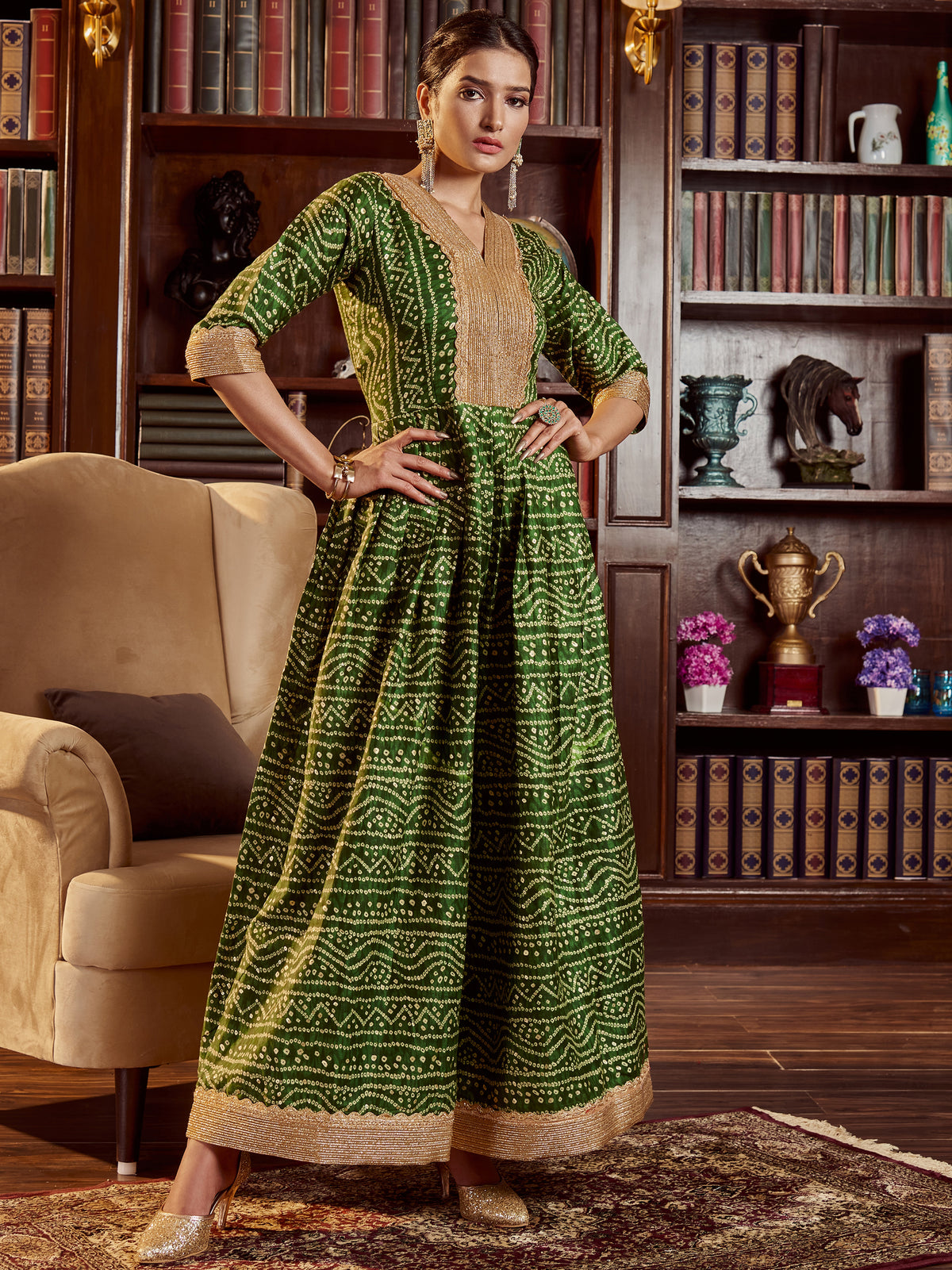 Green Color Printed Cotton Long Gown For Festival