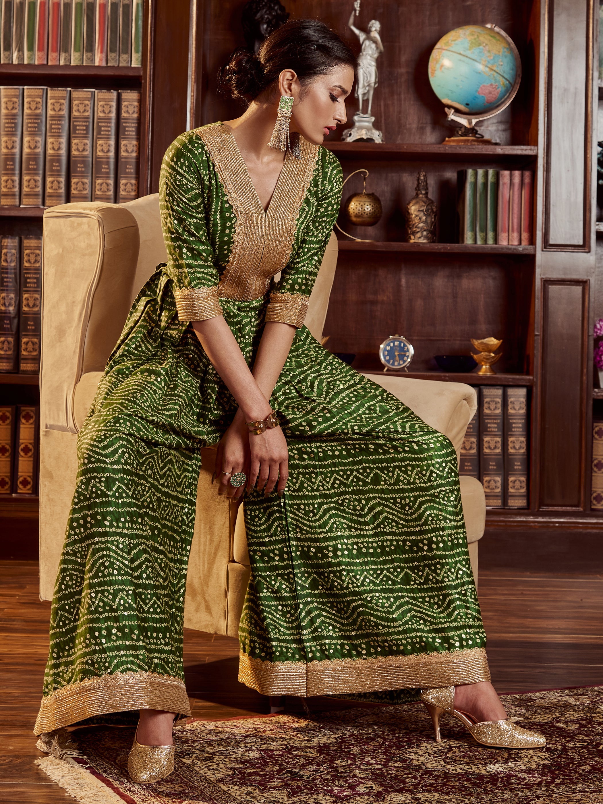 Green Color Printed Cotton Long Gown For Festival