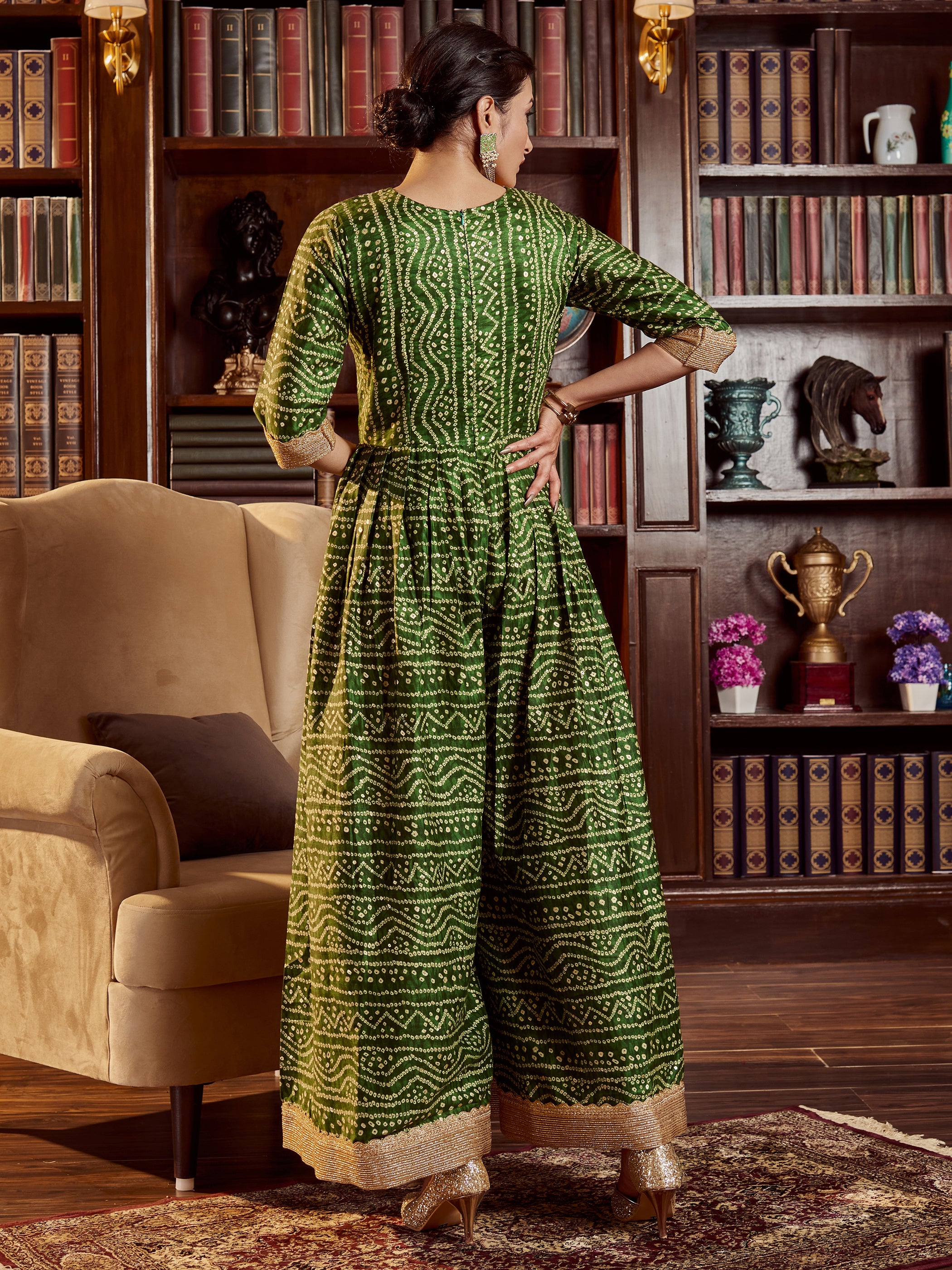 Green Color Printed Cotton Long Gown For Festival