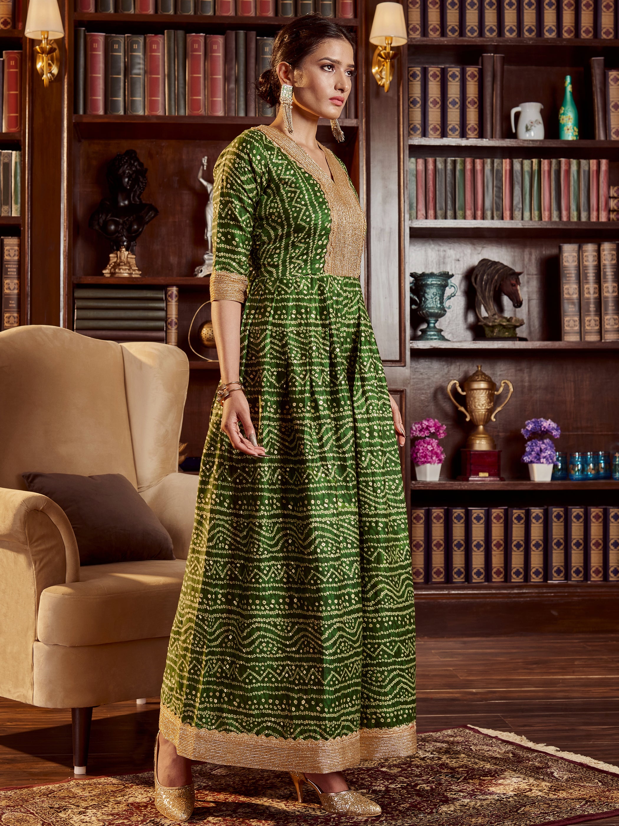 Green Color Printed Cotton Long Gown For Festival