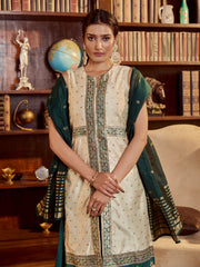 Beige Color Woven Art Silk Kurti With Skirt And Dupatta For Occasion