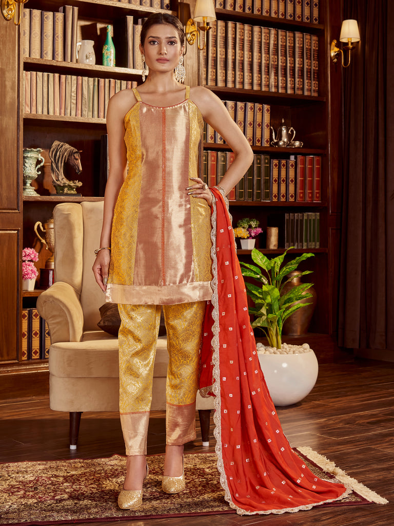 Yellow Color Woven Art Silk Kurti With Pant And Dupatta For Occasion