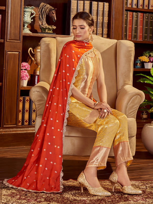 Yellow Color Woven Art Silk Kurti With Pant And Dupatta For Occasion
